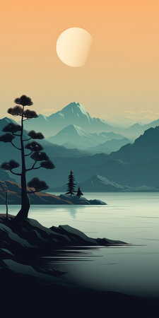 vector illustration featuring a serene sunset over lakes and mountains. this isolated artwork by alejandro burdisio showcases a captivating blend of dark aquamarine and beige tones. inspired by classic japanese simplicity, the illustration boasts highly detailed environments with a dark and moody atmosphere. the use of high-contrast shading adds depth and visual impact, reminiscent of the works of lorser feitelson. ai generatedの素材