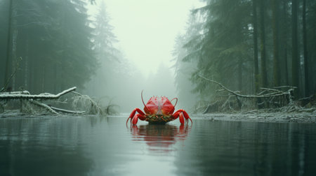 a red crab, reminiscent of pop culture imagery, sits in the misty water of a forest. this hyper-realistic sci-fi inspired photograph captures the essence of a national geographic photo, with its matte painting style and ambient occlusion effects. the image is reminiscent of wimmelbilder, showcasing the intricate details of the crab and its surroundings. ai generatedの素材