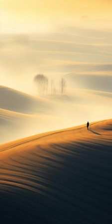 a person walks through a field, surrounded by ethereal landscapes and bathed in golden hues. the scene resembles a snow-covered zen buddhism influenced setting, captured with a canon eos 5d mark iv. the italian landscapes add a touch of beauty, while the sinuous lines create a sense of movement and tranquility. ai generatedの素材
