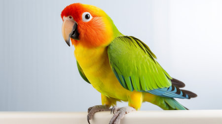 a contest-winning, exotic bird with vibrant colors and big blue eyes is perched on a metal rail. the bird's feathers are a combination of light green and light amber, creating a striking visual contrast. the image captures the petcore style, showcasing the exacting precision of the photographer. the bird's plumage also features hints of light orange and red, adding to its honest and raw beauty.の素材