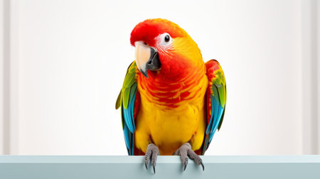 a parrot perched on a ledge amidst shelves, showcasing a vibrant color palette of light amber and red. the close-up shot captures the intense beauty of this digitally enhanced national geographic photo. the parrot's presence adds character to the image, while the white background enhances the overall visual impact. ai generatedの素材