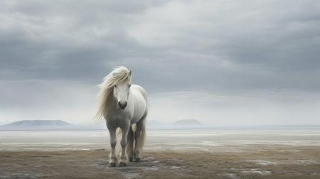 a horse walks gracefully beside a river, under storm clouds, in a scene reminiscent of mandy disher's desolate landscapes. the image captures scarlett hooft graafland's sensitivity to the natural world, while also evoking the magical creatures often depicted by serge marshennikov. the transparency of the horse's movements adds an ethereal touch to this captivating photograph. ai generatedの素材