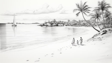 a black and white drawing of a pristine white sandy beach with two girls happily playing and running around. in the distance, two small sailboats sail along the vast ocean. two seagulls gracefully soar through the sky above. a coconut tree grows on the beach, with scattered seashells and shellfish. ai generatedの素材