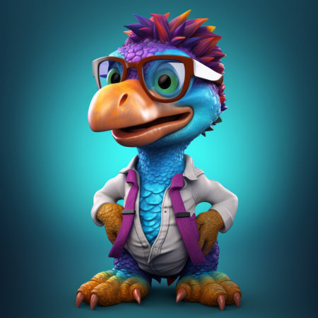 a character with glasses is depicted wearing sunglasses and a tie, showcasing a vibrant birdlife-inspired style. the artwork, created using zbrush, features toy-like proportions and highly textured details. the colorful gradients add depth and visual interest to the character. this captivating piece is the creation of artist dusan djukaric. ai generatedの素材