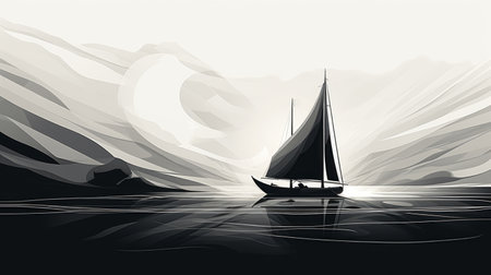 a black and white illustration of a sailing boat, showcasing layered and atmospheric landscapes. the style is tonalist, with flat shading and elegant inking techniques. the illustration captures the essence of romantic dramatic landscapes, with bold shadows adding depth and intrigue to the scene. ai generatedの素材
