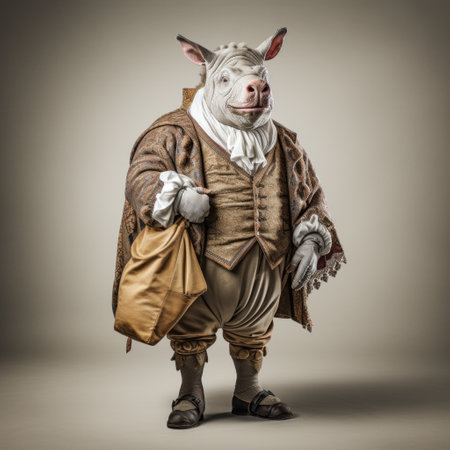 a pig in a period costume is captured in this black and white isolated image, showcasing a quirky visual storytelling style. the light maroon and dark beige tones add depth to the candid shot, reminiscent of famous figures. this unique portrayal combines elements of new british sculpture and tanbi kei, resulting in bold chromaticity and characterful animal portraits. ai generatedの素材
