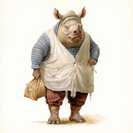 a pig, inspired by the artistic styles of tony diterlizzi, frederick arthur bridgman, and stephen darbishire, is depicted carrying a shopping bag. this realistic rendering of the human form showcases twisted characters and traditional costumes, while the pig's strong facial expression adds depth to the composition. ai generatedの素材