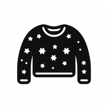 a vector illustration of a sweater icon in a line style, isolated on a white background. this fashion illustration depicts a woman's knitted sweater and features a seamless pattern. the style is influenced by the stars art group, including artists like xing xing, marsden hartley, and kerry james marshall. the illustration incorporates elements of positive-negative space, glitter, and black-and-white graphics, reminiscent of the work ofの素材