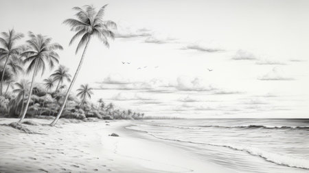 a black and white drawing of a serene beach scene with minors playing on the white sandy beach, sailboats sailing in the distance, seagulls soaring above, a coconut tree, and scattered seashells and shellfish. ai generatedの素材