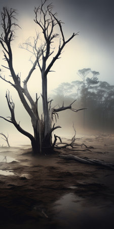 a captivating photo of an eerie dune standing tall amidst a forest along the riverbank, its barren branches reaching towards the sky, shrouded in morning fog. the haunting allure of this scene is beautifully captured with a professional-grade camera and wide-angle lens. ai generatedの素材