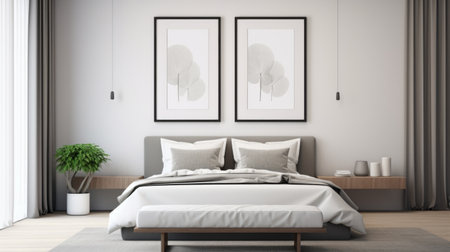 a modern bedroom featuring a large bed and a collection of paintings in the style of zen minimalism. the room is adorned with highly detailed foliage, showcasing a palette of light gray and light black. the paintings draw inspiration from japanese woodblock prints, showcasing minimalist abstracts and monochromatic minimalism, beautifully capturing the essence of nature. ai generatedの素材