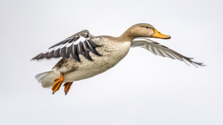 a duck gracefully soaring through the air, captured in a stunning time-lapse photograph. the duck's feathers display a beautiful combination of light brown and gray hues, while the image showcases clear edge definition. this characterful animal portrait exhibits a balanced asymmetry, captured with the precision of a nikon d850 camera. the photo has been expertly airbrushed to enhance its visual appeal. ai generatedの素材