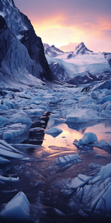 iced over waterfall captured in a high-resolution photograph, perfect for wallpapers and canvas prints. this stunning image showcases the luminist landscape style, with terragen-inspired elements and dark reflections. the contrasting colors of light pink and dark blue create a captivating visual effect. this creative commons attribution photo was taken using a graflex speed graphic camera, resulting in a mesmerizing depiction of fictional landscapes. ai generatedの素材