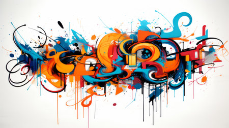 an artistic graffiti font wallpaper featuring the best graffiti and lettering designs on the net. this uhd image showcases a vibrant composition in light sky-blue and orange, with colorful curves and a poured effect. the dark orange and white elements add depth to this eye-catching and colorful caricature. ai generatedの素材