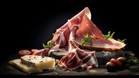 a stunning food photography of ham and cheese showcasing award-winning food styling and photography techniques. the image features a magazine-styled composition with a dark backdrop, italian food styling, and a depth of field effect. shot on a 25mm lens with various lighting techniques, the photo captures the dramatic lighting and soft ambiance. the high-resolution image showcases ultra-detailed and intricate details, creating an elegant and dynamicの素材