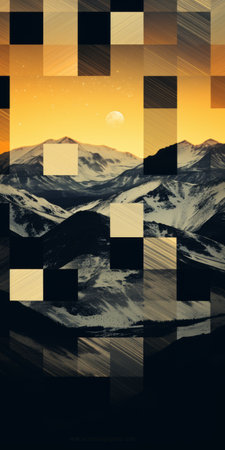 a pixel art painting featuring surreal collage landscapes in the style of abstract minimalism. this artwork, inspired by the works of harold cazneaux, showcases mountainous vistas and incorporates digital collage techniques. the piece is characterized by coded patterns, contrasting lights, and darks, creating a visually captivating composition. ai generatedの素材