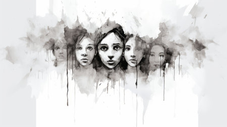 a watercolor painting featuring faces in a black and white realism style. this dreamlike illustration captures psychological phenomena with its abrupt and symmetrical composition. the artwork showcases the whitcomb-girls in high resolution, creating a captivating visual experience. ai generatedの素材