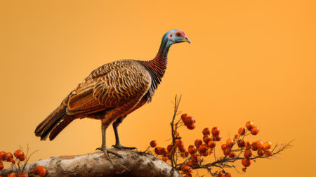a turkey perched on a branch surrounded by vibrant orange leaves. this photograph captures the essence of saturated color field and showcases photographically detailed portraitures. with elements of cranberrycore and paleocore, the image exhibits mixed patterns and is beautifully illuminated with softbox lighting. a stunning national geographic-worthy photo. ai generatedの素材