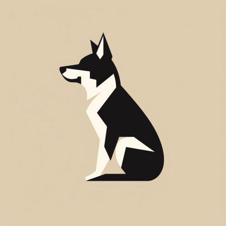 an australian shepherd logo, designed by emiliano ponzi, showcases a charming character illustration in a black and beige color scheme. the logo is created in the style of geometric minimalist sculptures, with symbolic use of animals. this illustration captures the essence of the australian shepherd breed in a unique and artistic way, reminiscent of the works of jean arp. ai generatedの素材