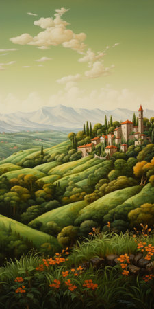 an old wall stands prominently in the middle of a picturesque landscape, reminiscent of renaissance paintings. the scene captures the essence of realistic landscapes with soft, tonal colors and showcases the artistic styles of hard-edge painting and precisionist art. the terraced cityscapes, adorned with shades of green and amber, blend seamlessly with the majestic mountainous vistas. ai generatedの素材