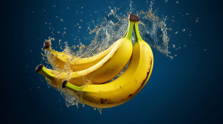 two bananas, in the style of chaotic energy, jump into the water over a blue background. this intense close-up kitchen still life, with flickr influence, showcases raw vulnerability and strong contrast. the precisionism influence and chiaroscuro technique add depth to this hd wallpaper. ai generatedの素材