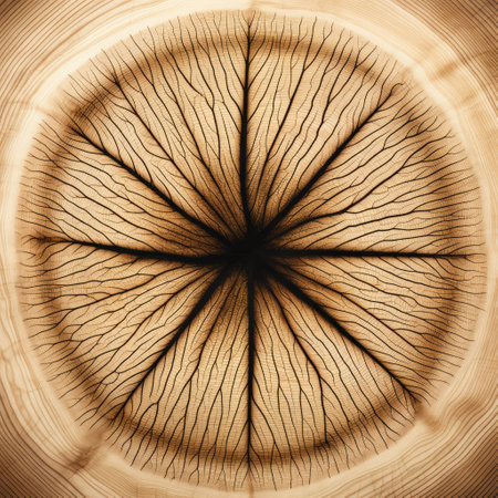 a black and white photograph showcasing a wood circle adorned with a flower. the image features abstract lines, hyper-detail, and naturalistic lighting, highlighting the varying wood grains. the composition also exhibits technological symmetry and is captured using a wide-angle lens, emphasizing the striated resin veins. ai generatedの素材