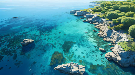 aerial view of a stunning coastal tourism landscape on a mediterranean island. the image captures the vibrant blue-green waters, complemented by seaweed bushes and rocks. the color palette is reminiscent of monet's style, with natural and pastel tones. ai generatedの素材