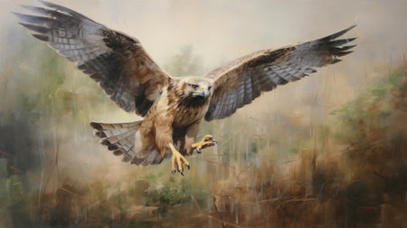 a painting of a hawk, capturing the essence of naturalistic and atmospheric animal paintings. this detailed artwork showcases a dynamic and action-packed hunting scene, depicted on a panoramic scale. the soft realism technique brings out the characterful features of the hawk, with a color palette of light maroon and light gold adding to its allure. ai generatedの素材