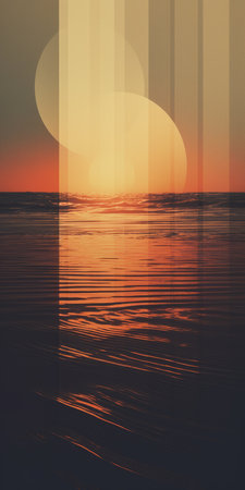 a sunset art abstract featuring a minimal retouching style. this graphic illustration showcases detailed and layered compositions, with calm waters reflecting the beauty of the sunset. the use of anamorphic lens creates organic forms that seamlessly blend with geometric shapes, while texture exploration adds depth to the artwork. ai generatedの素材