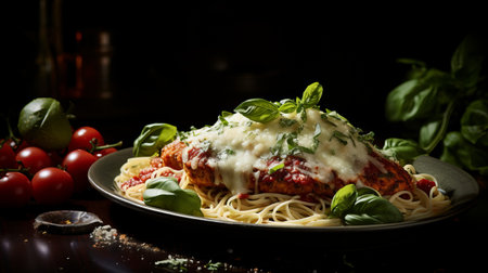 chicken parmesan captured in a visually stunning food photography. the image showcases award-winning food styling and photography with a magazine-style presentation. the dark backdrop enhances the italian food styling, creating a dramatic and elegant atmosphere. shot on a 25mm lens, the photo exhibits a depth of field and tilt blur effect. the lighting techniques, including half rear lighting and backlight, add to the overall dramaticの素材