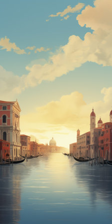 a comic book cover featuring a boat on a street in venice, inspired by the artistic style of dmitry vishnevsky. this captivating artwork captures the serene solitude of the venetian canals, reminiscent of the viennese secession movement. the impressive panoramas and vibrant colors, such as crimson and beige, bring the scene to life, evoking the artistic essence of victoria crowe's work. ai generatedの素材