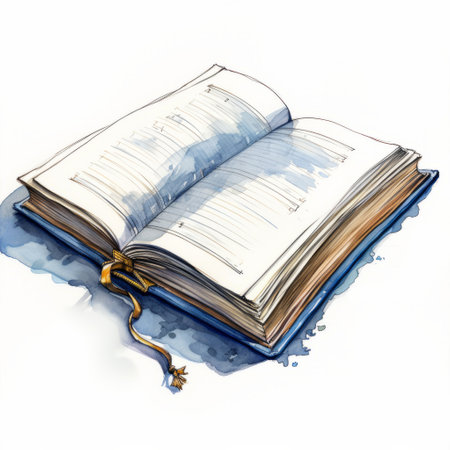 a watercolor painted bible book is showcased on a white surface, resembling journalistic cartoons. the style is realistic with intricate details, featuring a combination of blue and beige hues. the artwork follows the traditional scroll painting technique, presented in an open form. the image has been digitally enhanced, exuding a sleepycore aesthetic. ai generatedの素材