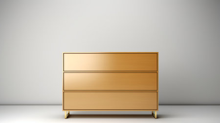 abstract wooden chest of drawers rendered in 3d, featuring a minimalist illustrator style with a golden light effect. the matte background enhances the minimalist purity and spare simplicity of the design. shot with fujifilm pro 400h, this 1000x1400 ce image captures the essence of minimalism in furniture design. ai generatedの素材
