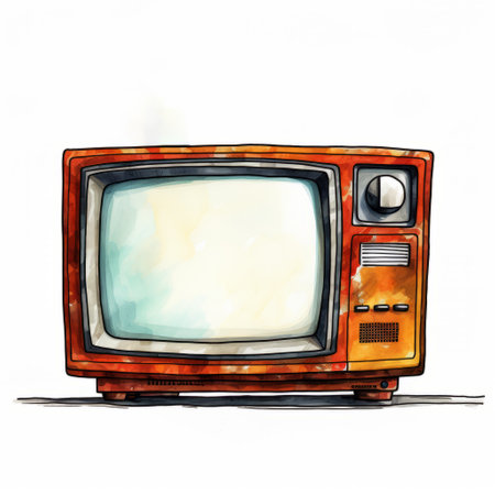 an old-fashioned tv from the early days of video is depicted in this watercolor-style illustration. the artwork showcases light maroon and orange tones, with detailed pen strokes bringing the image to life. the energy-filled illustrations feature a combination of light yellow and dark emerald hues, creating a captivating visual experience. ai generatedの素材