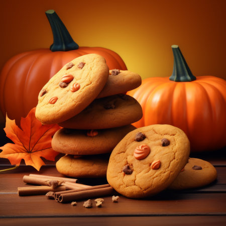 a high-quality, ultra-sharp 3d rendering of pumpkin spice cookies for halloween. the realistic pumpkin comes in various sizes, adorned with dry brown leaves. this photorealistic image is available in 4k and hd, showcasing intricate details and a solid white background. the aspect ratio is 16:9, ensuring a visually appealing composition. ai generatedの素材