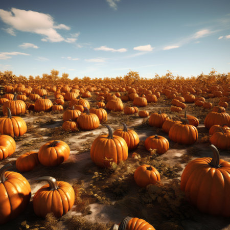 a photorealistic 3d rendering of a pumpkin patch for halloween. different sizes of pumpkins with dry brown leaves are showcased in high quality, ultra sharp 4k and hd images. the highly realistic and detailed pumpkins are placed against a solid white background, maintaining an aspect ratio of 16:9. ai generatedの素材