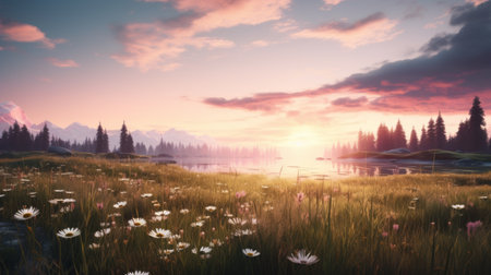 a stunning playstation 5-style screenshot featuring a picturesque field with majestic trees in the background. delicate flowers add a touch of beauty to the scene captured by martin rak. the atmospheric horizons and hyper-realistic water create a nature-inspired ambiance. the color palette of light pink and amber enhances the overall charm of this captivating scenery. ai generatedの素材