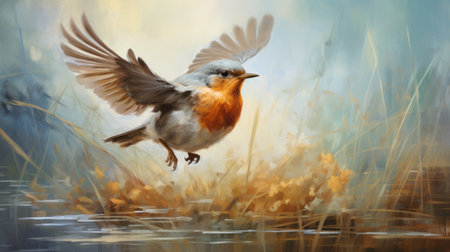 a small bird perched in front of tall grasses, depicted in the style of willem haenraets. this 2d game art showcases lively movement and charming character illustrations, reminiscent of donald pass. the artwork features a color palette of light orange and red, with a hyper-detailed and realistic portrayal. ai generatedの素材