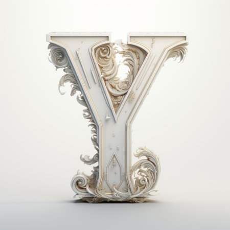 3d hand-drawn image of a letter y, featuring a baroque ornate style with dramatic compositions. the image showcases whitewashed narratives and is captured using a sony alpha a7 iii camera. the design incorporates organic nature-inspired forms and intricate steampunk elements, reminiscent of the bechers typologies. the overall aesthetic is characterized by a light and white color palette. ai generatedの素材
