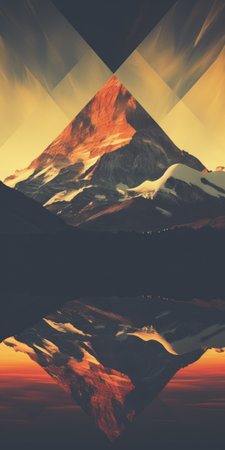 mountains reflected in a liquid pond, showcasing two colors - dark orange and light beige. the image is reminiscent of golden age illustrations, with a multi-layered geometry. captured in 32k uhd resolution, the photo's beauty is truly breathtaking. it exhibits a strong contrast between light and dark, while incorporating vintage imagery. ai generatedの素材
