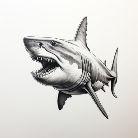 a hyperrealistic still life drawing of a shark with its mouth open. the artwork showcases meticulous linework precision and is done in the style of dark white and white hyperrealistic murals. the shark is depicted against a white background, resembling the works of arthur sarnoff and tony orrico. ai generatedの素材