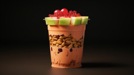 a multilayered texture drink with fruit and nuts is depicted in this photorealistic rendering. the drink, made of plastic, showcases a vibrant combination of light red and green colors. inspired by the rinpa school, the image features a dark brown and orange background, adding a touch of hallyu influence. ai generatedの素材