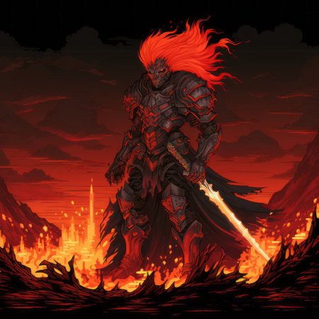 a warrior stands amidst raging flames, depicted in the intricate style of detailed character illustrations reminiscent of mars ravelo. the artwork showcases high-contrast shading and elements of anime art, evoking a sense of intensity. the composition also draws inspiration from the apocalyptic landscapes of robert antoine pinchon and the unique artistic vision of oleksandr bogomazov. ai generatedの素材