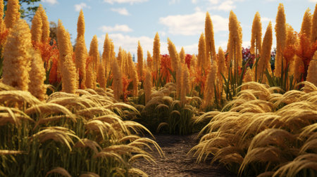 a field of tall grasses and a path, rendered in the style of unreal engine 5, showcases intricate floral arrangements. the scene is bathed in a warm palette of light red and amber, with realistic and detailed rendering. the close-up perspective highlights the realistic usage of light and color, creating a captivating atmosphere. ai generatedの素材