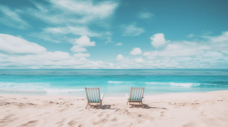 two chairs, in a dreamy and surreal style, are placed side by side on the beach against the serene oceanic vistas. the chairs are a combination of light teal and light beige, creating a cute and vacation dadcore aesthetic. this solarizing master photograph captures an exotic and relaxing atmosphere. ai generatedの素材