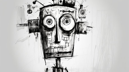 a wire-made robot with expressive strokes and grungy texture on its face, featuring craters. this black and white realism artwork showcases a unique style that emphasizes emotion over realism. the robotic character, resembling a caricature-like figure, adds a playful touch to the overall composition. perfect for robotics enthusiasts and kids interested in futuristic art. ai generatedの素材
