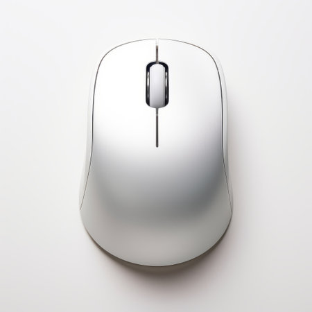 a chrome-plated, digitally enhanced mouse in shades of grey, white, and transparent is placed on a minimalist white surface. this sleek and modern design draws inspiration from japanese minimalism and the minimalist spare simplicity of liam gillick. the mouse is a product of cad (computer aided design) and is perfect for webcam use. ai generatedの素材