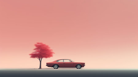 a red car icon is featured in this iphone wallpaper image. the style of the image is reminiscent of realistic landscapes with soft, tonal colors and ethereal trees. it also incorporates elements of vintage modernism, photographically detailed portraitures, minimalistic figurative art, and realistic yet romantic high contrast compositions. ai generatedの素材