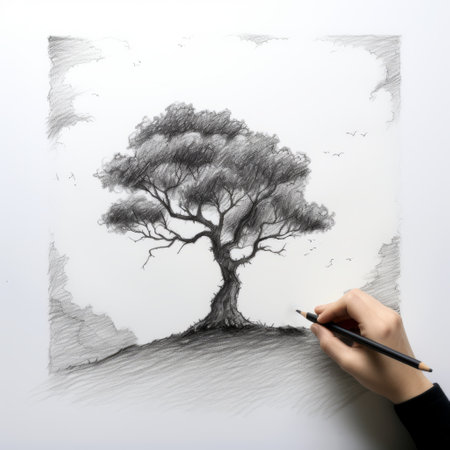 a lone tree stands tall in this pencil hand-drawn artwork, showcasing a modern and abstract style. this beautiful and detailed sketch captures the essence of modern life art, with influences from national geographic photos, banksy, kara walker, and surrealism-inspired multi-layered narrative scenes. the uhd image showcases the intricate details of this modern masterpiece. ai generatedの素材