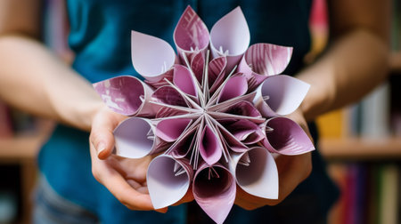 a person holds an origami flower in front of a library. the photo showcases a bio-art inspired composition with intricate floral arrangements. the circular shapes in light violet and light maroon create a visually captivating scene. the handcrafted design showcases the intertwining materials and delicate work on paper. ai generatedの素材